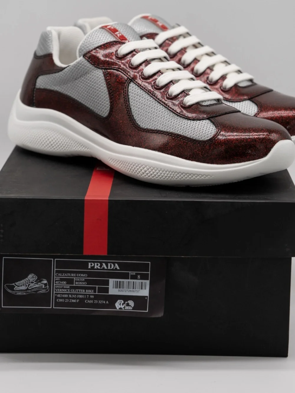 Prada America's Cup Men's Sneakers Burgundy Patent Leather Fabric Glitter 9 US